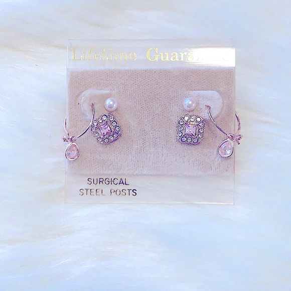 New & Lovely» 3pairs of Dainty Pink Rose Gold Earrings Set;•Pearls •Hoop •Square - Picture 2 of 14